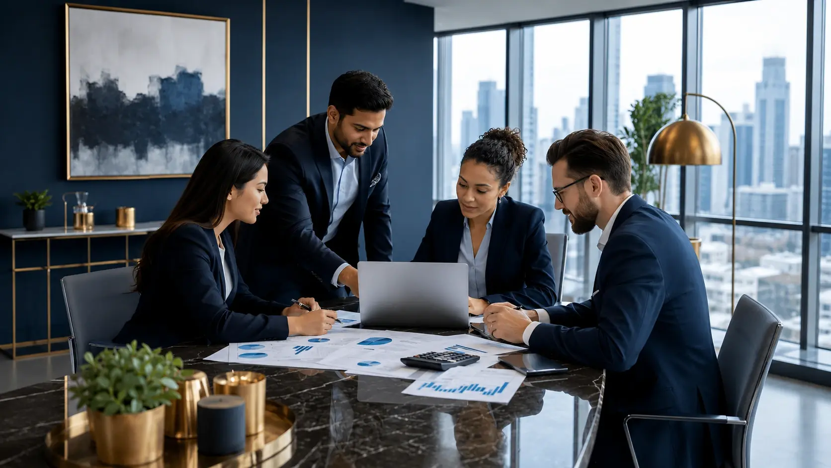 Two accounting professionals reviewing financial reports and analysis at a desk